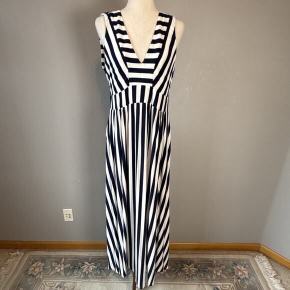Boden Olympia Jersey Maxi Dress Size 10 L French Navy Ivory Stripe Pocket V-Neck - Picture 2 of 9